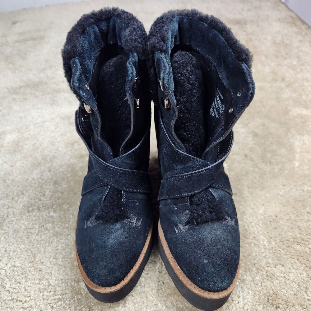 Coach Kenna Wedge Boots Booties Suede Shearling Black Buckle Size 7.5 B Ankle - Picture 4 of 8